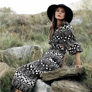 ZARA Cut-Out Printed Dress Long Balloon Sleeve Midi Maxi Dress Geometric Black